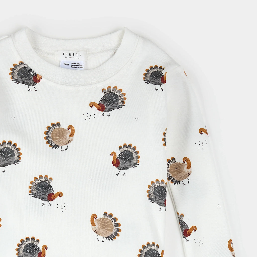 Turkey Print on Off-White Infant PJ Set | Petit Lem