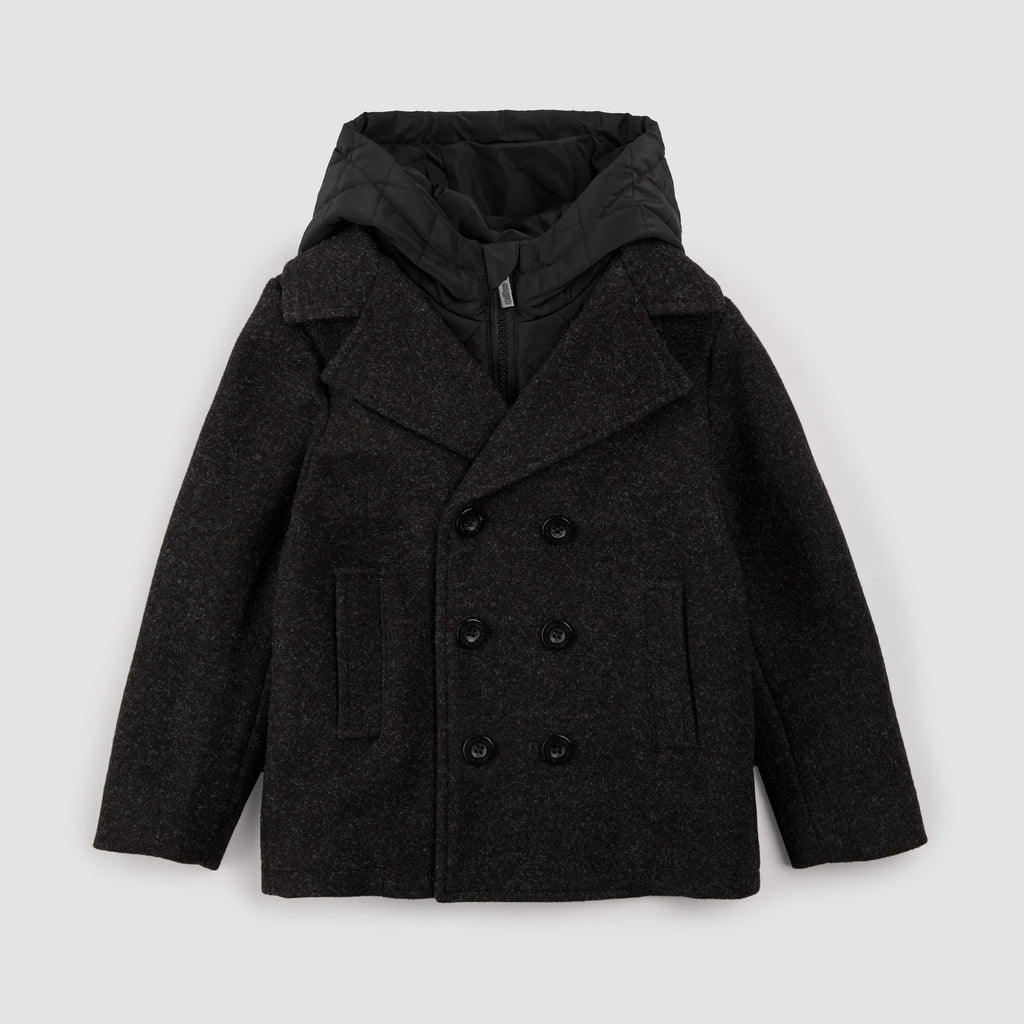 Hooded Woven Pea Coat | Dark Heather Grey | Miles the Label