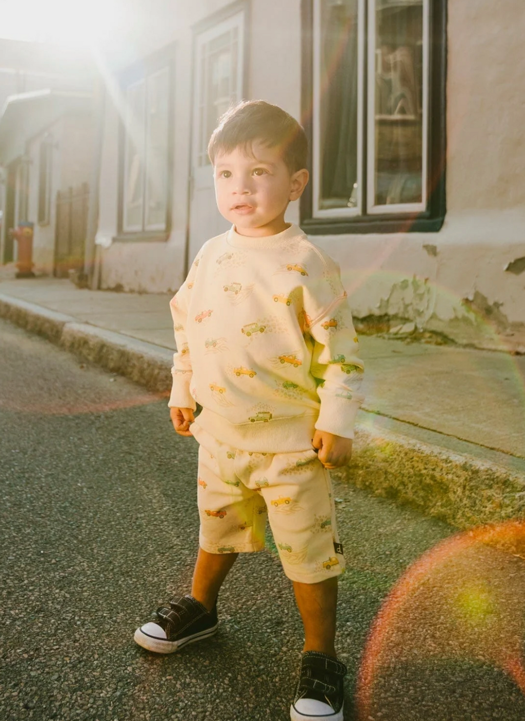 French Terry Sweatshirt | Jeep Print on Beige | Deux Par Deux