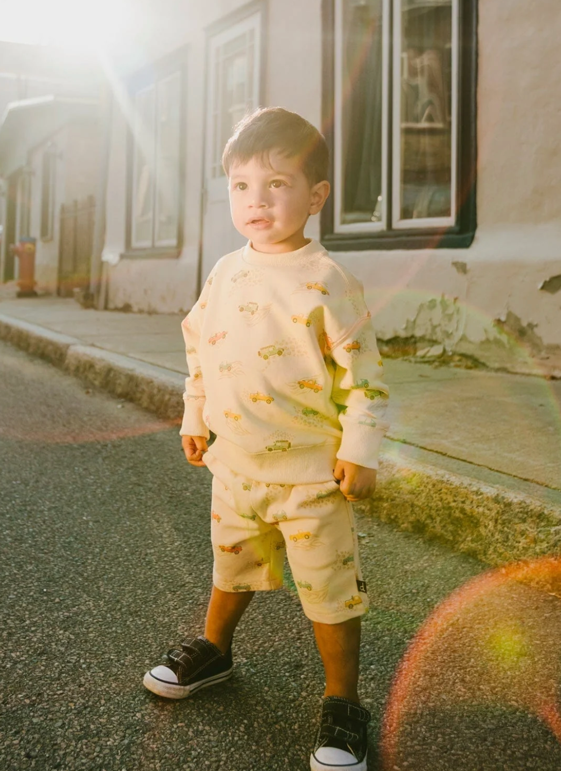 French Terry Sweatshirt | Jeep Print on Beige | Deux Par Deux