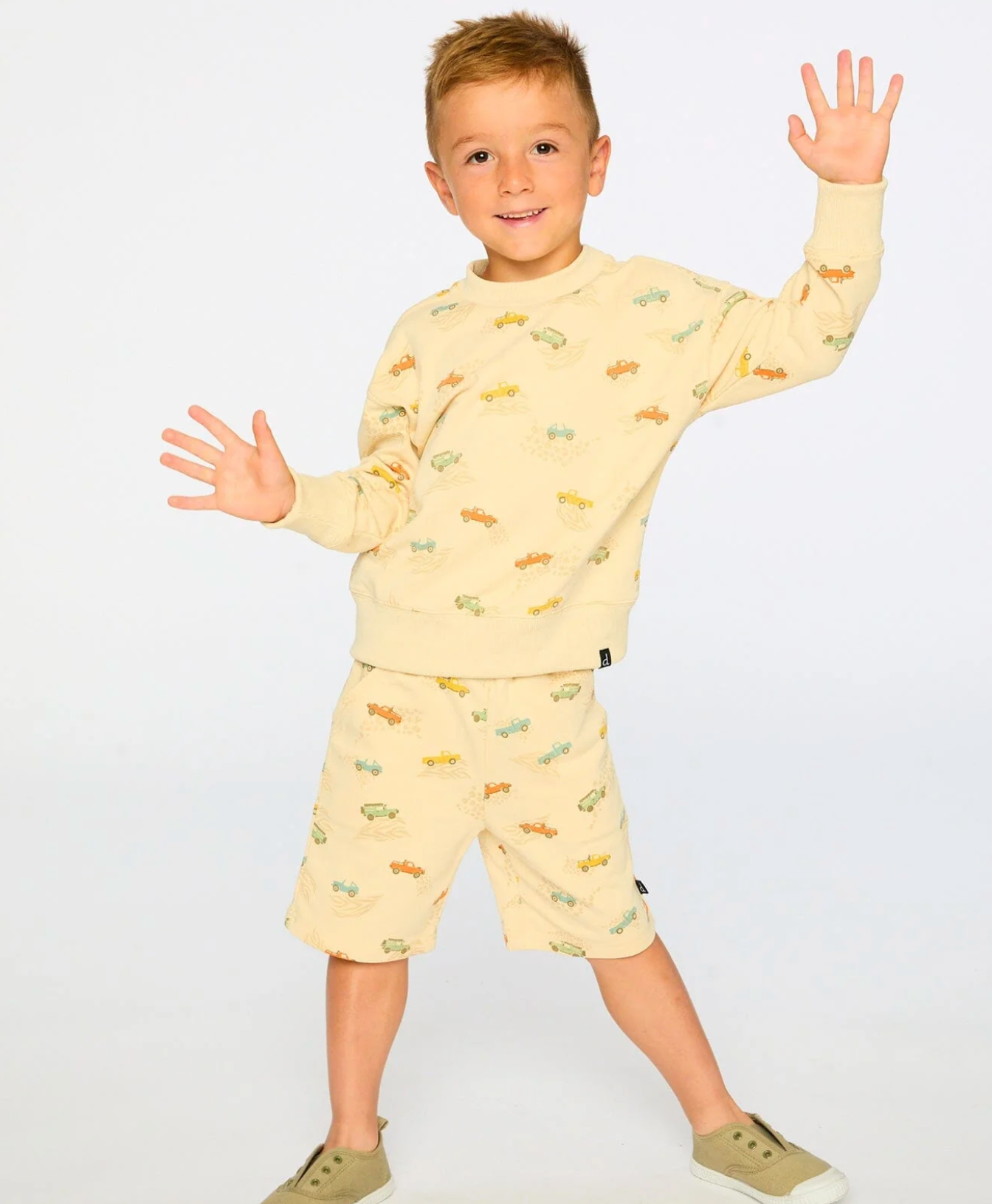French Terry Sweatshirt | Jeep Print on Beige | Deux Par Deux
