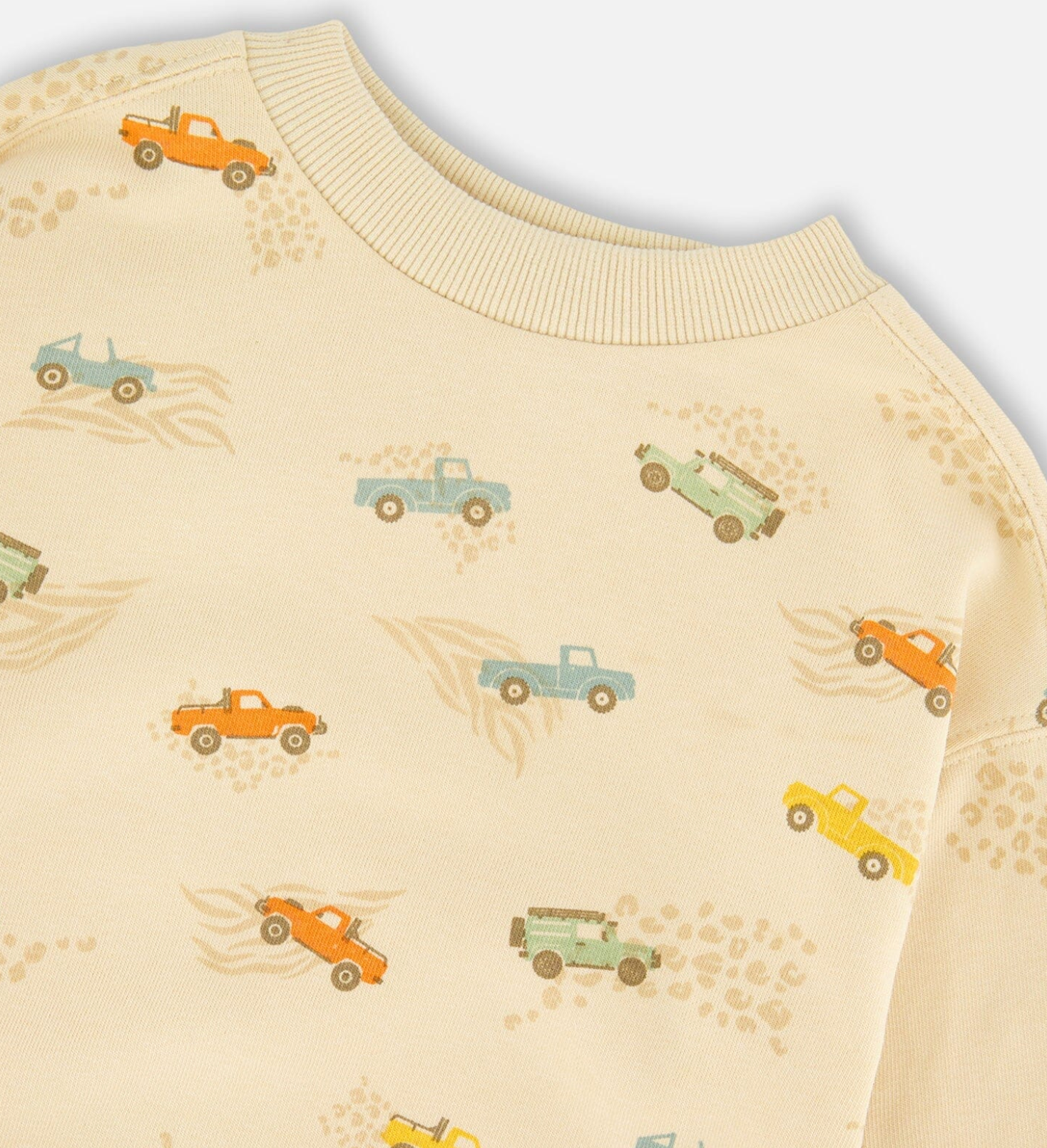 French Terry Sweatshirt | Jeep Print on Beige | Deux Par Deux